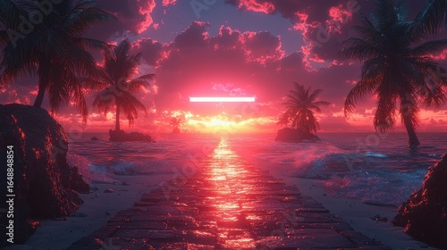 A vibrant tropical backdrop pulsates with neon hues, featuring bioluminescent plants in shades of pink and electric blue, framed by a geometric neon rectangle that stretches across the canvas,