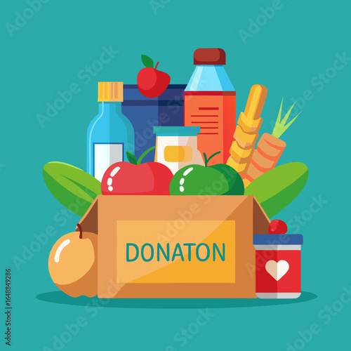 Food donation box filled with groceries and produce for charity