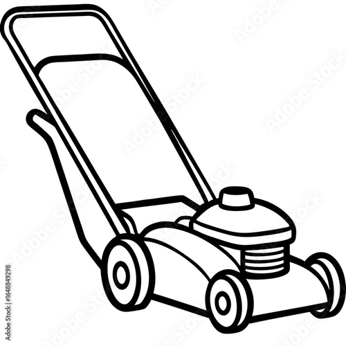 lawnmower outline, black and white, gardening tool words + concept.
