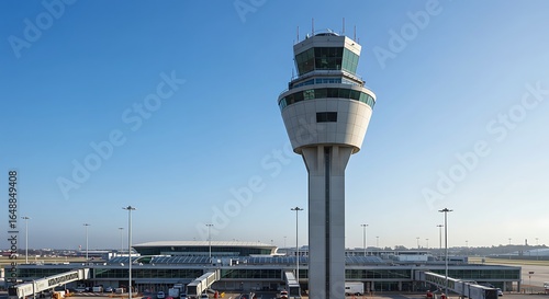 Airport Control Tower Overlooking Terminal and Runway