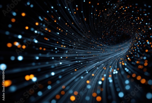 Abstract background with glowing particles and lines converging towards the center, creating a dynamic and energetic visual effect, perfect for technology or science themes.