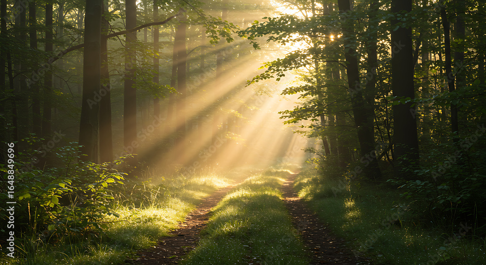 Obraz premium Sunlight streams through the forest canopy, illuminating a path through the trees.