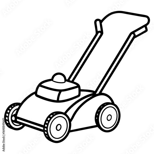 lawnmower outline, black and white, gardening tool words + concept.