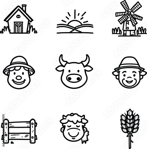 Farm life icons vector illustration set agriculture farming rural landscape elements outline style design 100