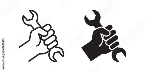 Hand holding a wrench icon set for repair and service concepts. A line art and silhouette graphic symbol of a mechanical tool.