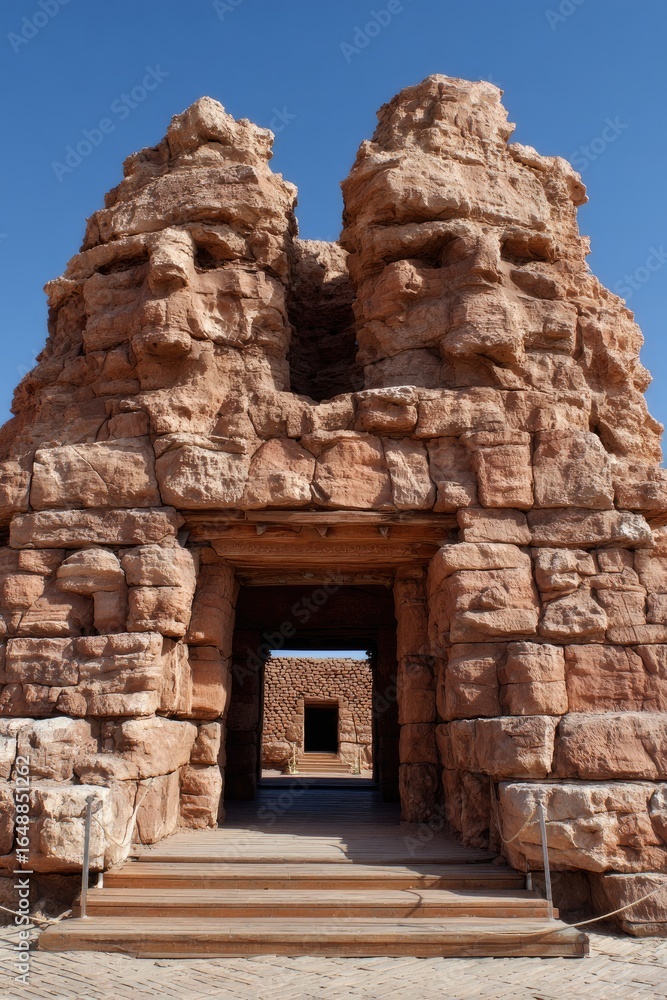 Naklejka premium Ancient stone archway, two carved faces