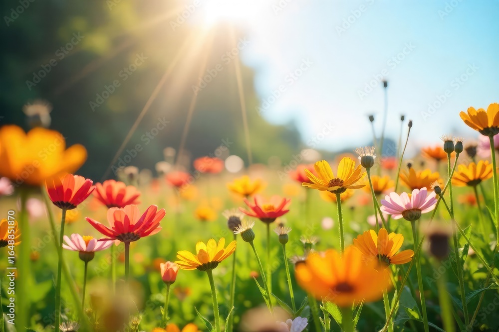 Obraz premium A sun-drenched field of vibrant wildflowers swaying gently in a warm breeze, embodying the pure joy and simple beauty of nature's happiness , breeze, botany
