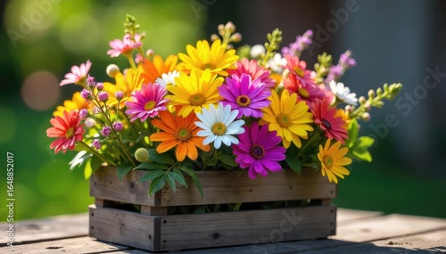 Wallpaper Mural A vibrant bouquet of fresh, colorful wildflowers in a rustic wooden crate, bathed in soft sunlight Perfect for spring, summer, or floral themes , petals, pollen, delicate Torontodigital.ca