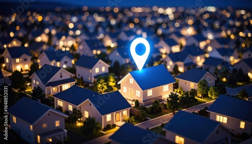 House location influences real estate value with pinpoint address markers, highlighting property access within vibrant suburban neighborhoods and residential communities at night