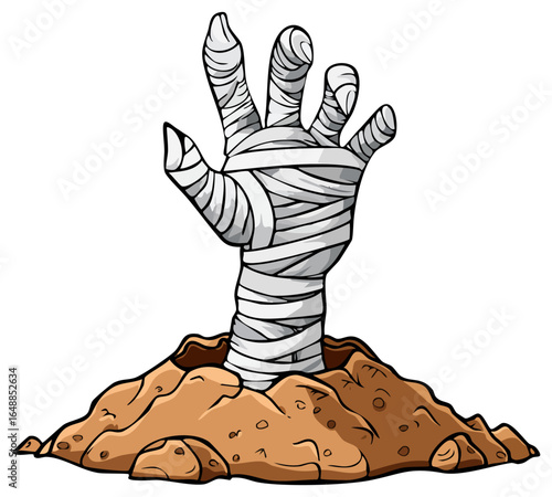 Cartoon mummy hand reaching out from a grave, halloween clipart illustration