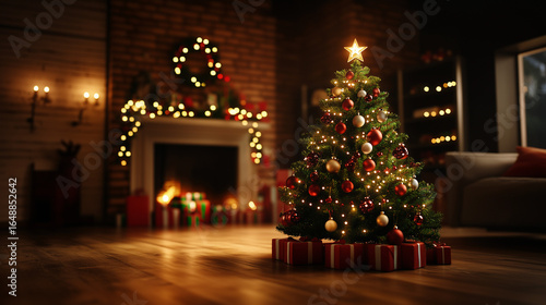 Wallpaper Mural Beautifully decorated Christmas tree, with gifts placed beneath it. In the blurred indoor background, a warmly glowing fireplace is visible, with additional presents arranged in front of it. Torontodigital.ca