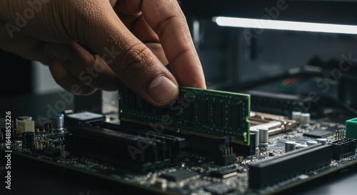 Hand installing ram memory into a computer motherboard close up.