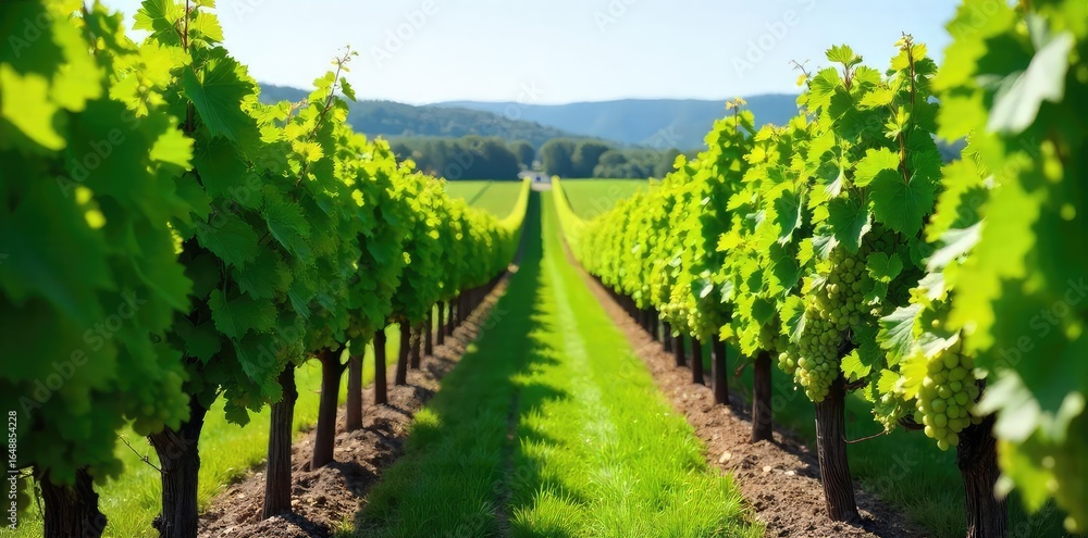 Naklejka premium Rows of lush green grapevines stretching across a sunny vineyard, ready for harvest The vibrant foliage and perfectly formed grapes are a testament to meticulous winemaking , foliage, leaves, wine