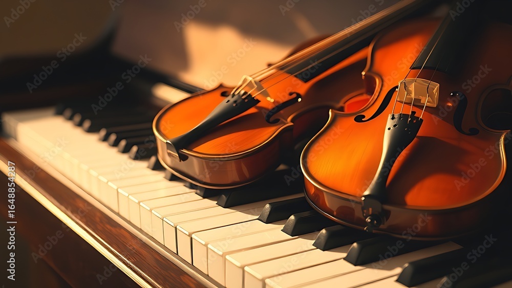 Fototapeta premium Elegant arrangement of classical instruments, violin and piano keys glowing with timeless musical charm.