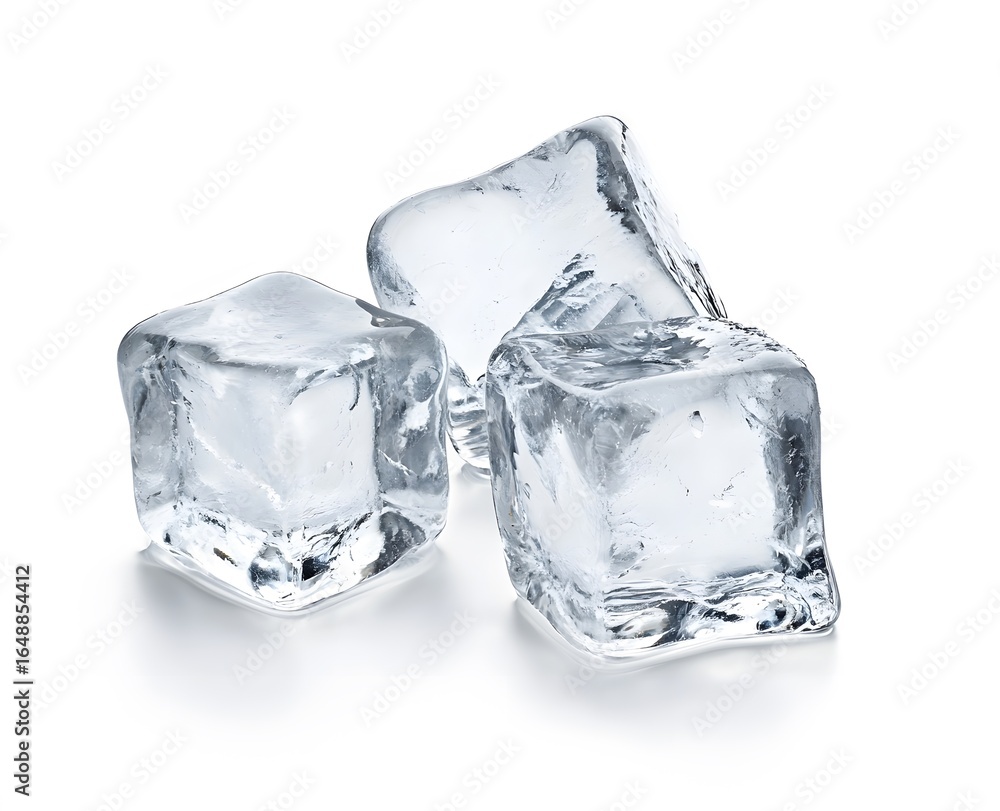 Obraz premium Three clear ice cubes stacked on white, slightly melting, perfect for summer drinks, cooling beverages, isolated on white background