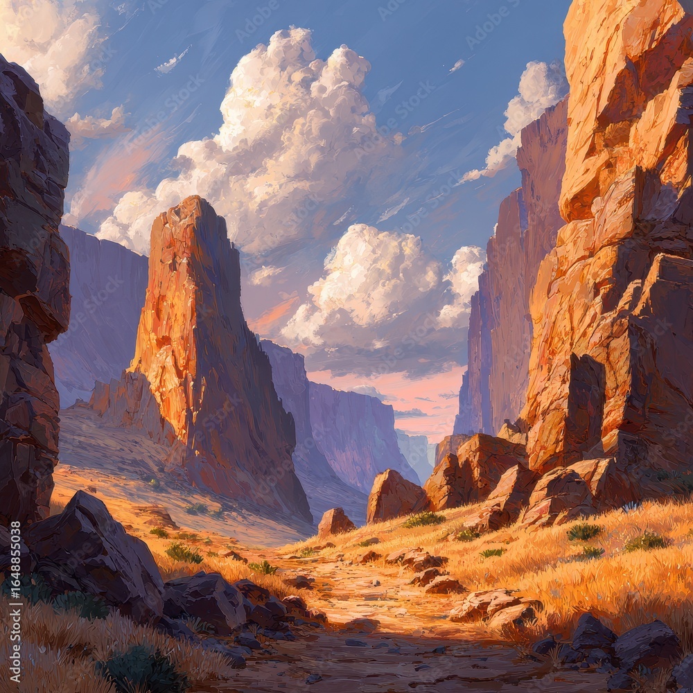 Naklejka premium Desert canyon path, golden hour sunlight, cloudscape, adventure game background