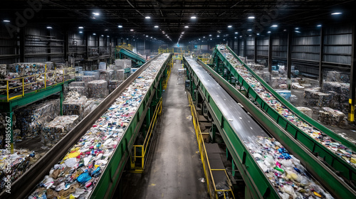 Large Recycling Facility with Conveyor Belts and Baled Materials. Ai gen.

