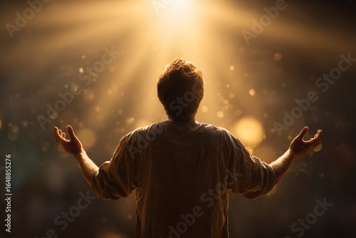 A man faces golden light with arms outstretched wearing a lightcolored shirt viewed from behind Bokeh lights add atmospheric depth