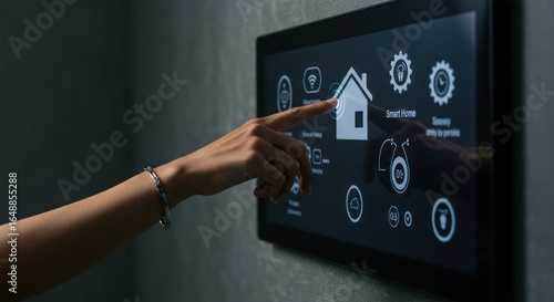 Hand touches a smart home control panel mounted on a wall.