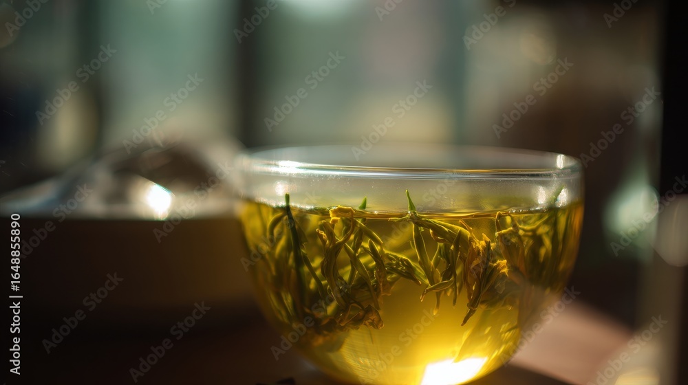 Fototapeta premium A clear glass cup filled with vibrant green tea leaves partially unfurled, glowing at the bottom,