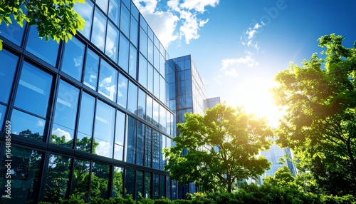 Summer sky in the city with green trees and shiny glass exterior walls in harmony