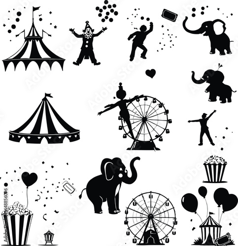 Circus themed vector silhouette illustration with fairground rides and carnival elements design art