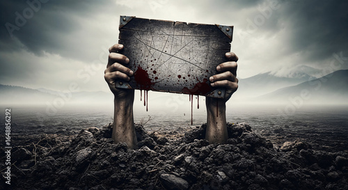 Bloodied Hands Holding a Sign in a Spooky Landscape