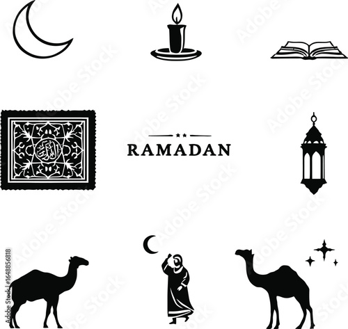 Ramadan kareem mubarak islamic muslim crescent moon lantern camel vector graphic design illustration