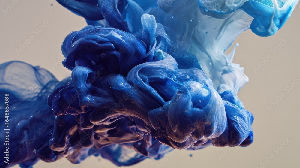 Fototapeta premium Abstract blue ink swirling in water, creating a dynamic and artistic visual effect with vibrant colors and fluid movement against a neutral background.
