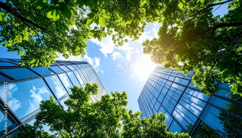 Summer sky in the city with green trees and shiny glass exterior walls in harmony