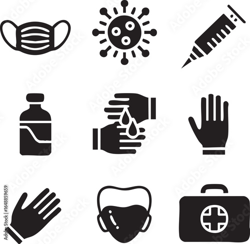 Vector Icons Depicting Healthcare and Virus Prevention Mask, Hand Sanitizer, Vaccine and More