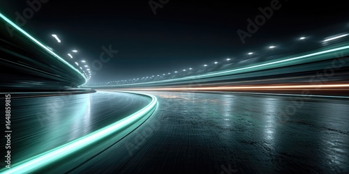 Fototapeta Naklejka Na Ścianę i Meble -  Futuristic night race track with glowing teal lines