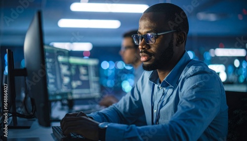 A programmer working in low light, with a serious look in his eyes