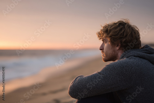 man sits on beach embodying both exhaustion and satisfaction embracing his shoulders lovingly