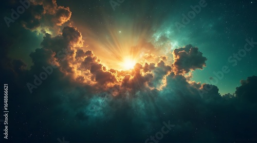 Dramatic Celestial Light Shining Through Cumulus Clouds in Dark Sky