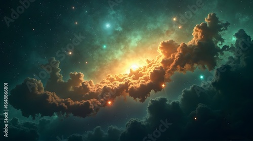 Celestial Cloudscape Glowing Orange Nebula with Teal Starfield