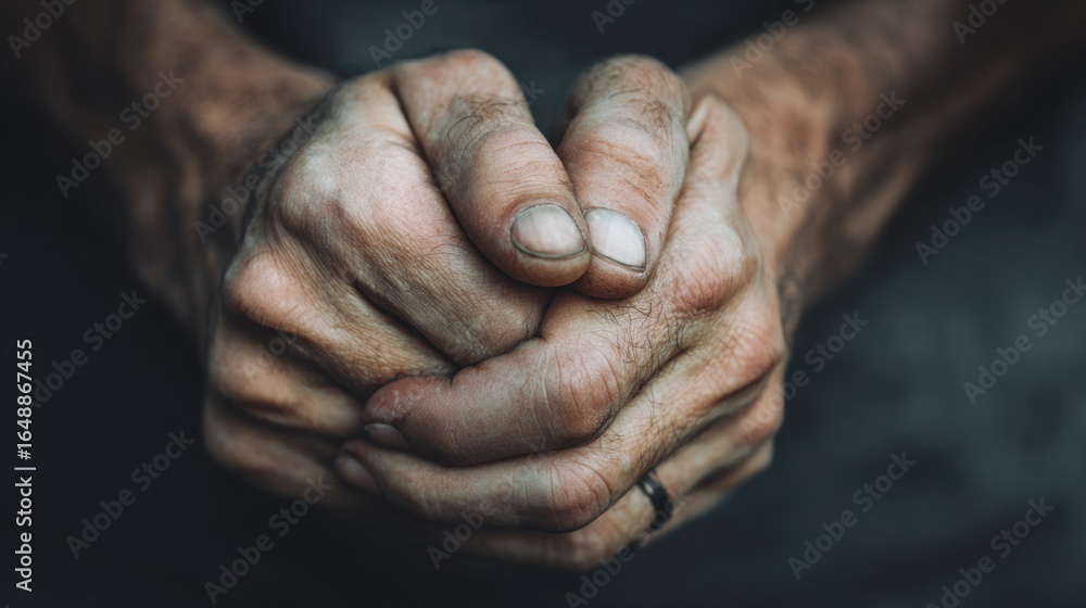 Fototapeta premium Close-up of two hands gently clasped together, symbolizing support, compassion, and unity in a natural setting