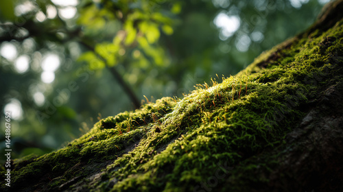 Close-Up of Green Moss on Tree Trunk in Forest Wallpaper. Ai gen.
