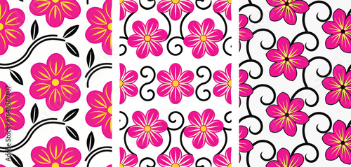 Set of Pink Floral Pattern with Black Swirls Vector 