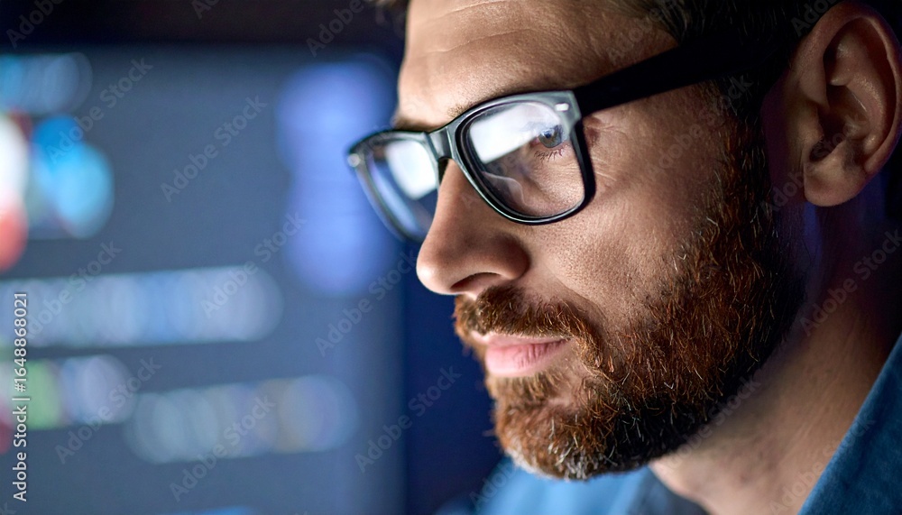 Fototapeta premium A programmer working in low light, with a serious look in his eyes