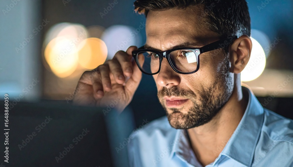 Fototapeta premium A programmer working in low light, with a serious look in his eyes