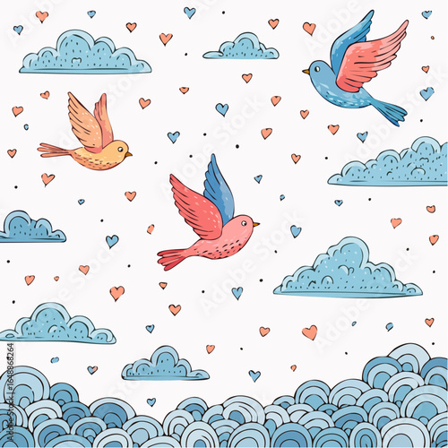 Illustration poétique et artistique, vol d'oiseaux colorés dans le ciel, nuages, arrière plan blanc 