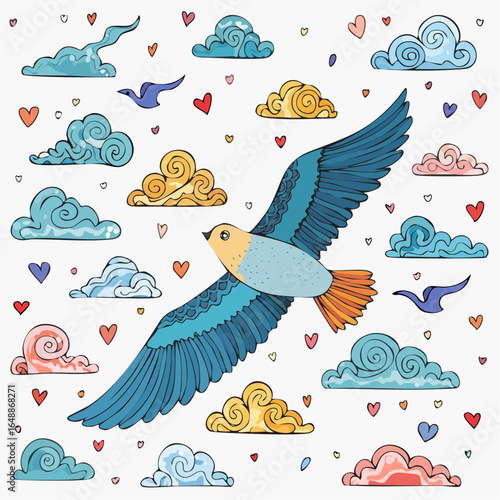Illustration poétique et artistique, vol d'oiseaux colorés dans le ciel, nuages, arrière plan blanc 