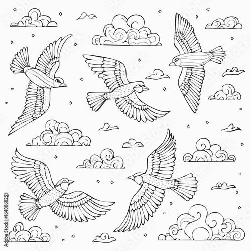 illustration noir et blanc, vol d'oiseaux dans le ciel, nuages, stylisé, arrière plan blanc