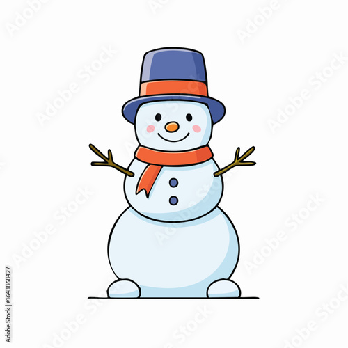 Joli bonhomme de neige, chapeau, écharpe,  souriant sur fond blanc