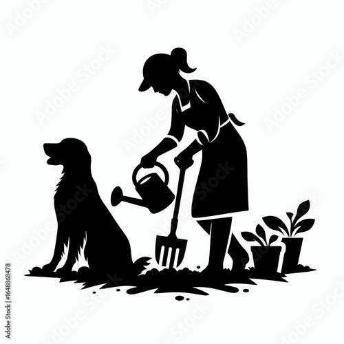 Golden Retriever Dog Gardening together. Cartoon Animal Clipart Silhouette Vector Illustration Line Art Illustration. Canine helper doing yardwork goldie at the garden patch a floral hobby.