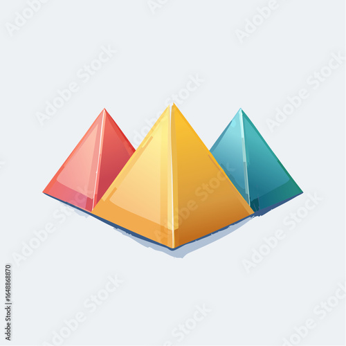 Trois pyramides de couleurs et tailles différentes, fond blanc