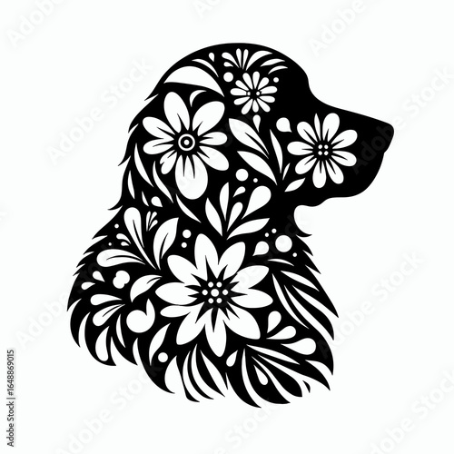 Golden Retriever Dog Incorporating Flowers. Cartoon Animal Clipart Silhouette Vector Illustration Line Art Illustration. Canine breed with floral design and bloom blossom.
