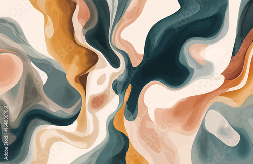 An abstract background with swirling colors and shapes, evoking the feeling of flowing liquid in motion. The color palette includes shades of peach,