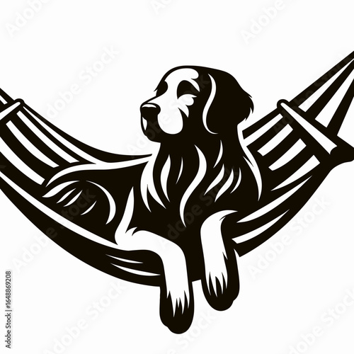 Golden Retriever Dog Laying on a hammock. Cartoon Animal Clipart Silhouette Vector Illustration Line Art Illustration. Canine resting woven cot beautiful enjoys outdoor comfort.